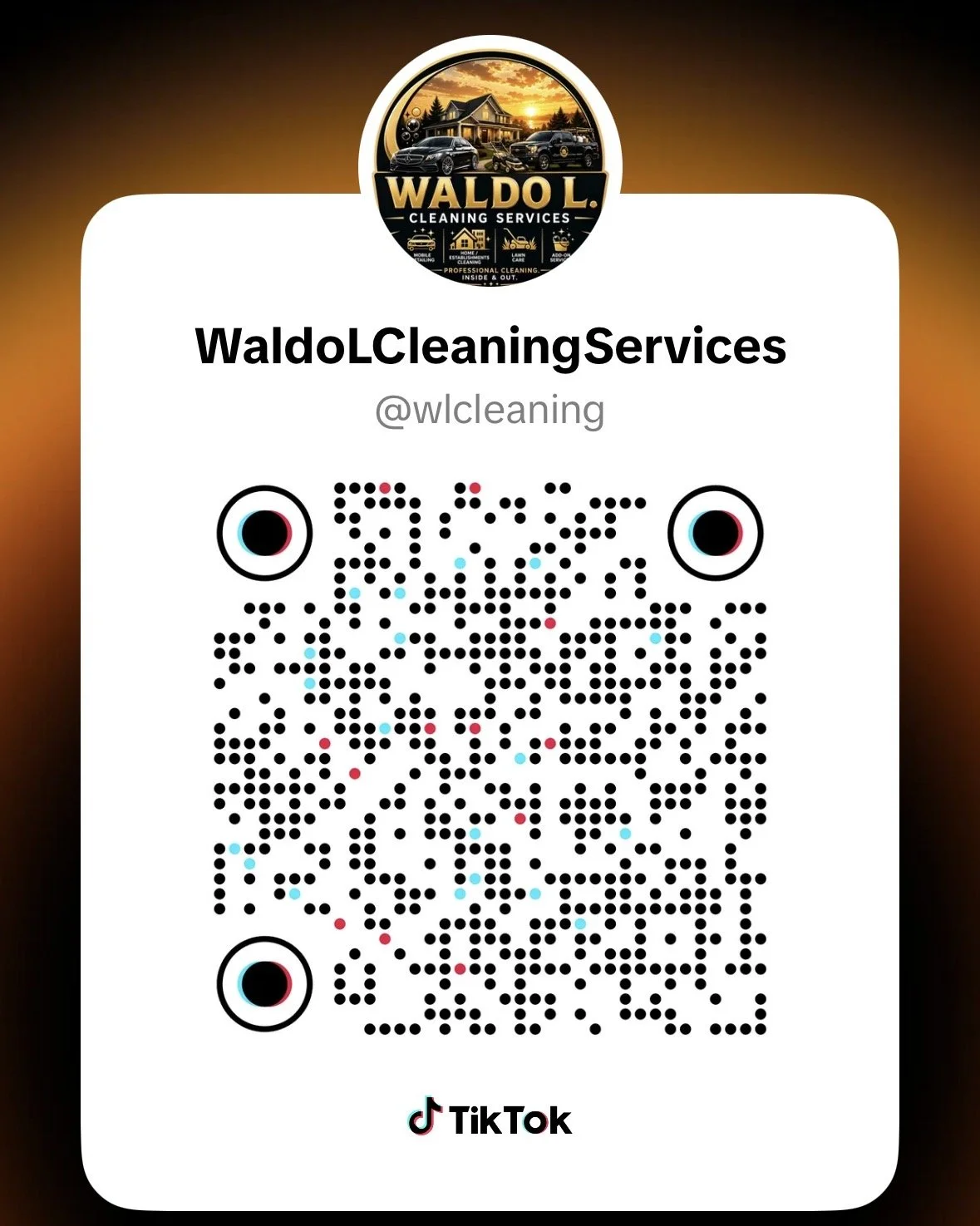 TikTok QR code for WaldoLCleaningServices with username @wlcleaning and logo at the top featuring a house, cars, and a sunset.