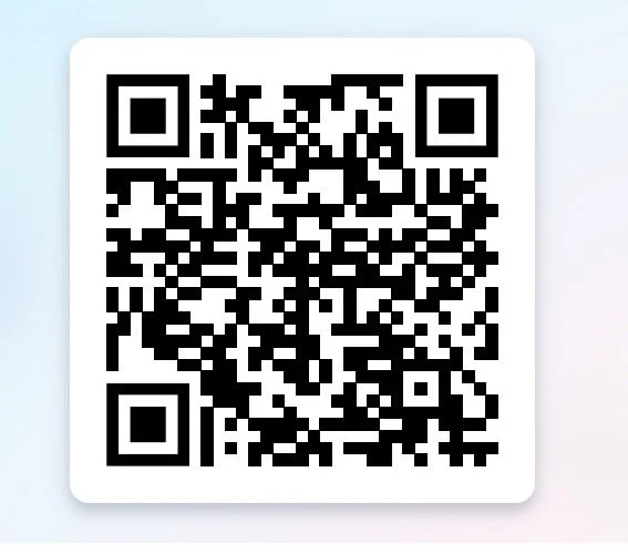 A black and white QR code on a white card with a light gradient background.