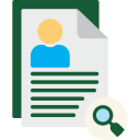 Icon of a document with a magnifying glass, representing search or detailed viewing of a profile or file.
