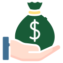 Hand holding a money bag with a dollar sign.