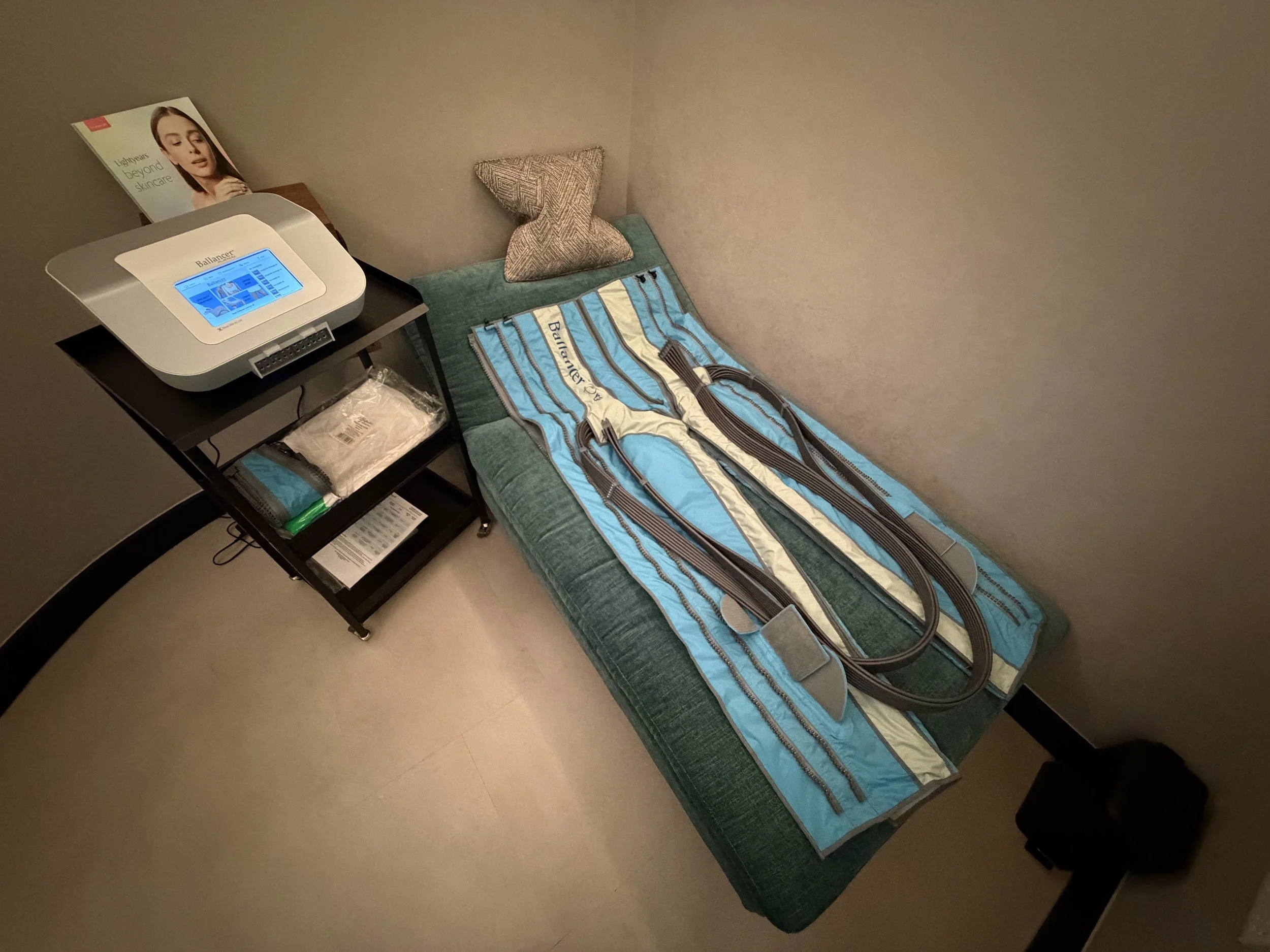 The Cold Room's Body Ballancer lower body compression suit. The trousers rhythmically inflate around the legs, waist and abdomen at different pressures and patterns to stimulate the desired outcome. From deep sports massage to gentle anti bloating.