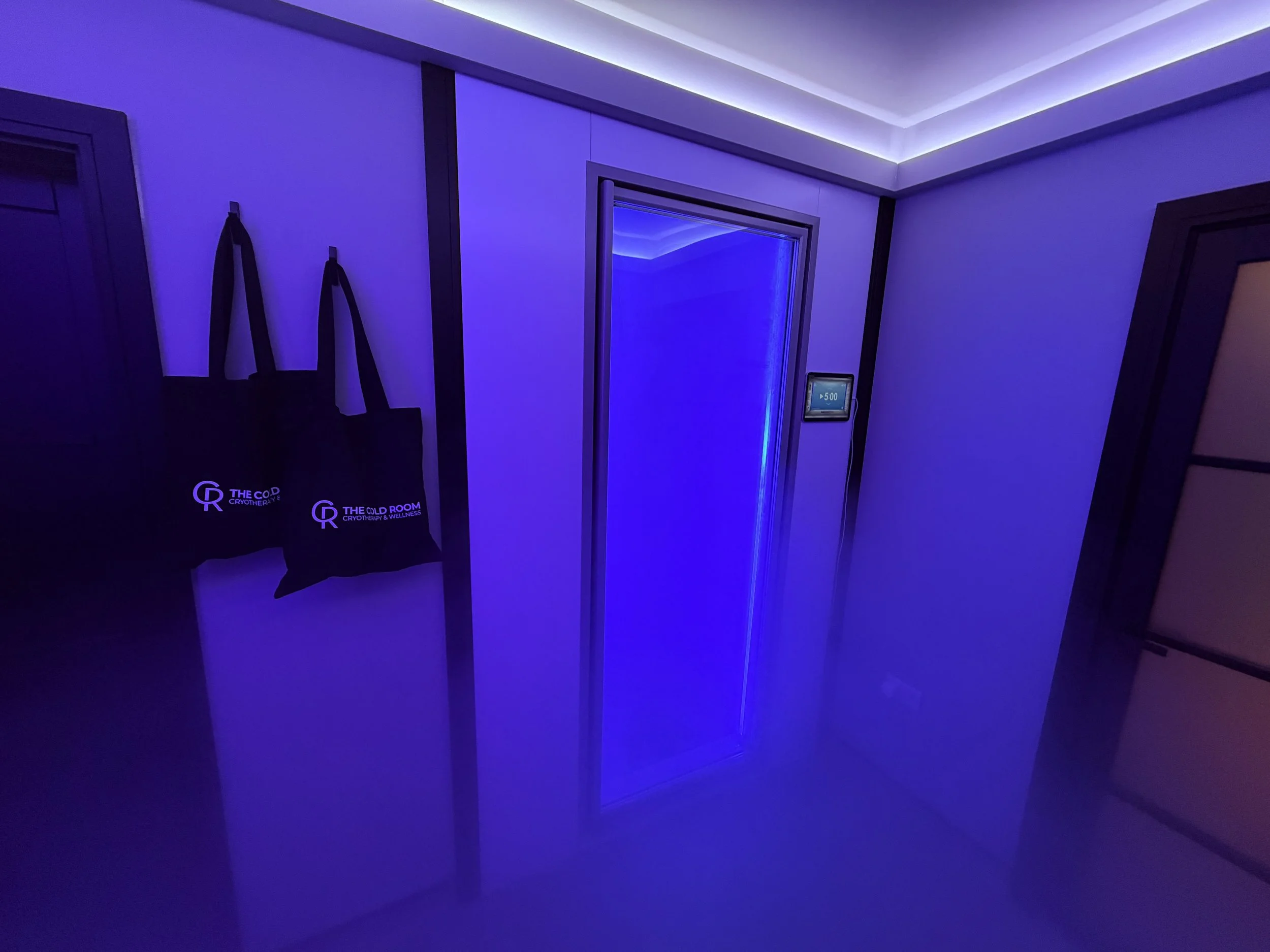 The Cold Room's Mecotec full-body cryotherapy chamber. A light freezing fog enters the room when the chamber door is opened prior to a treatment