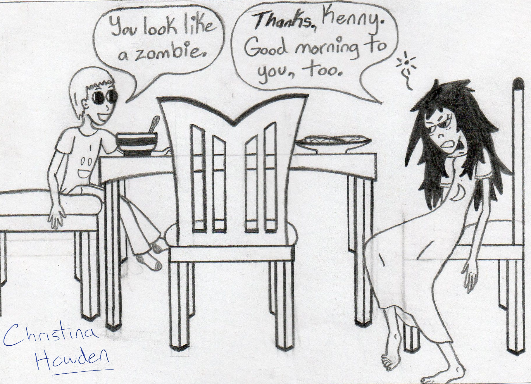 First practice drawing of Kenny's intro and the dining table setting