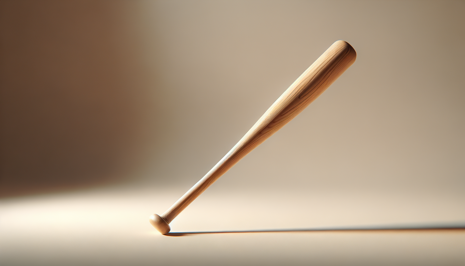 A wooden baseball bat resting on a flat surface with a sharp shadow cast to the left.
