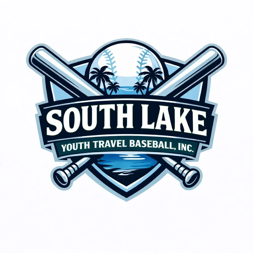 Logo for South Lake Youth Travel Baseball, Inc., featuring a shield with baseballs, palm trees, and crossed baseball bats.
