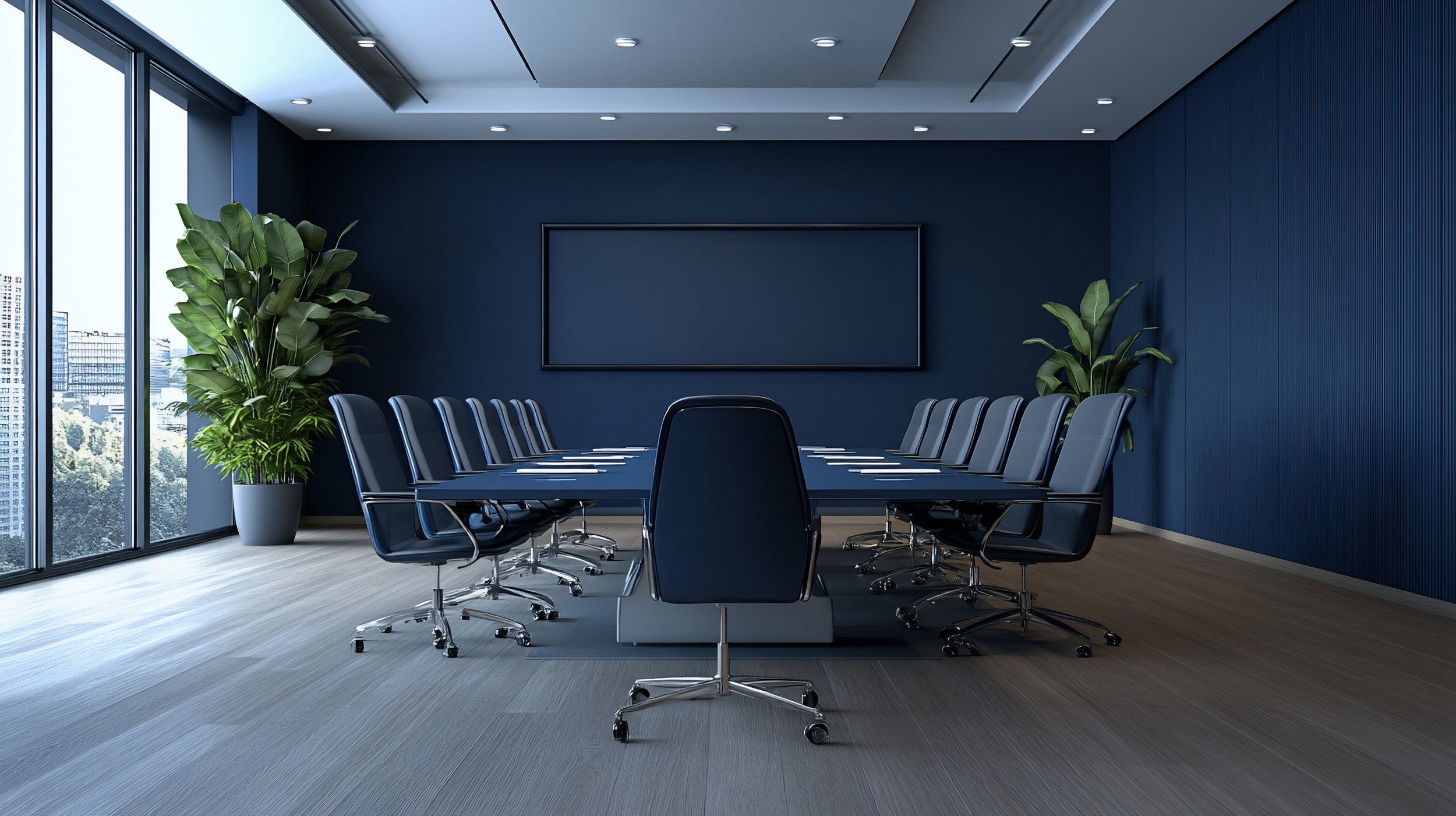 Empty modern conference room with a large table, black chairs, potted plants, and a large window showing a cityscape.