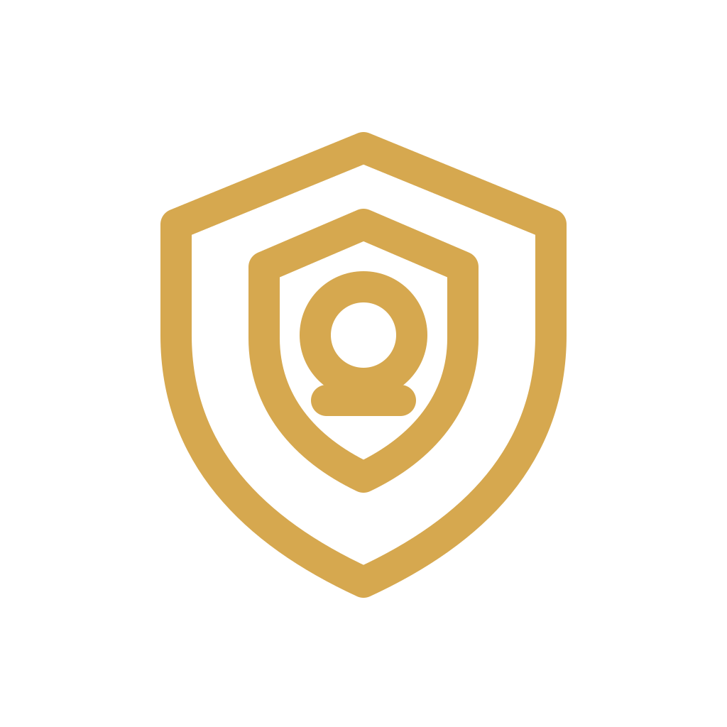 Gold shield emblem with a keyhole symbol in the center on a black background.