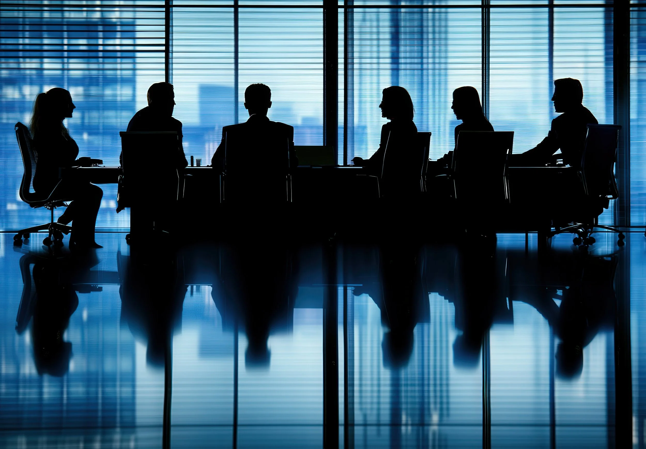 Silhouettes of six people sitting at a conference table in front of large windows with blinds, with a cityscape in the background.