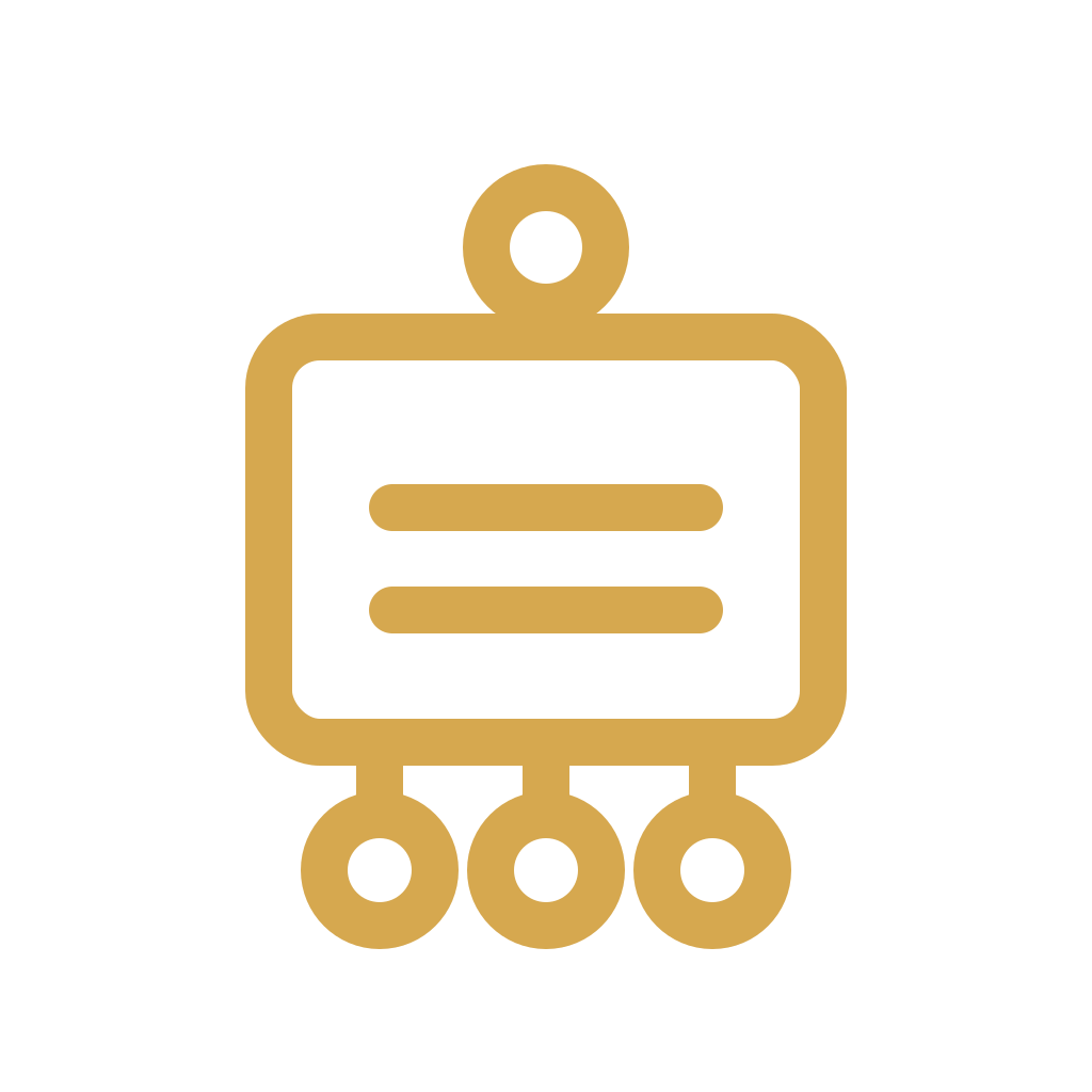 Gold outline icon of a tag with three circles at the bottom.