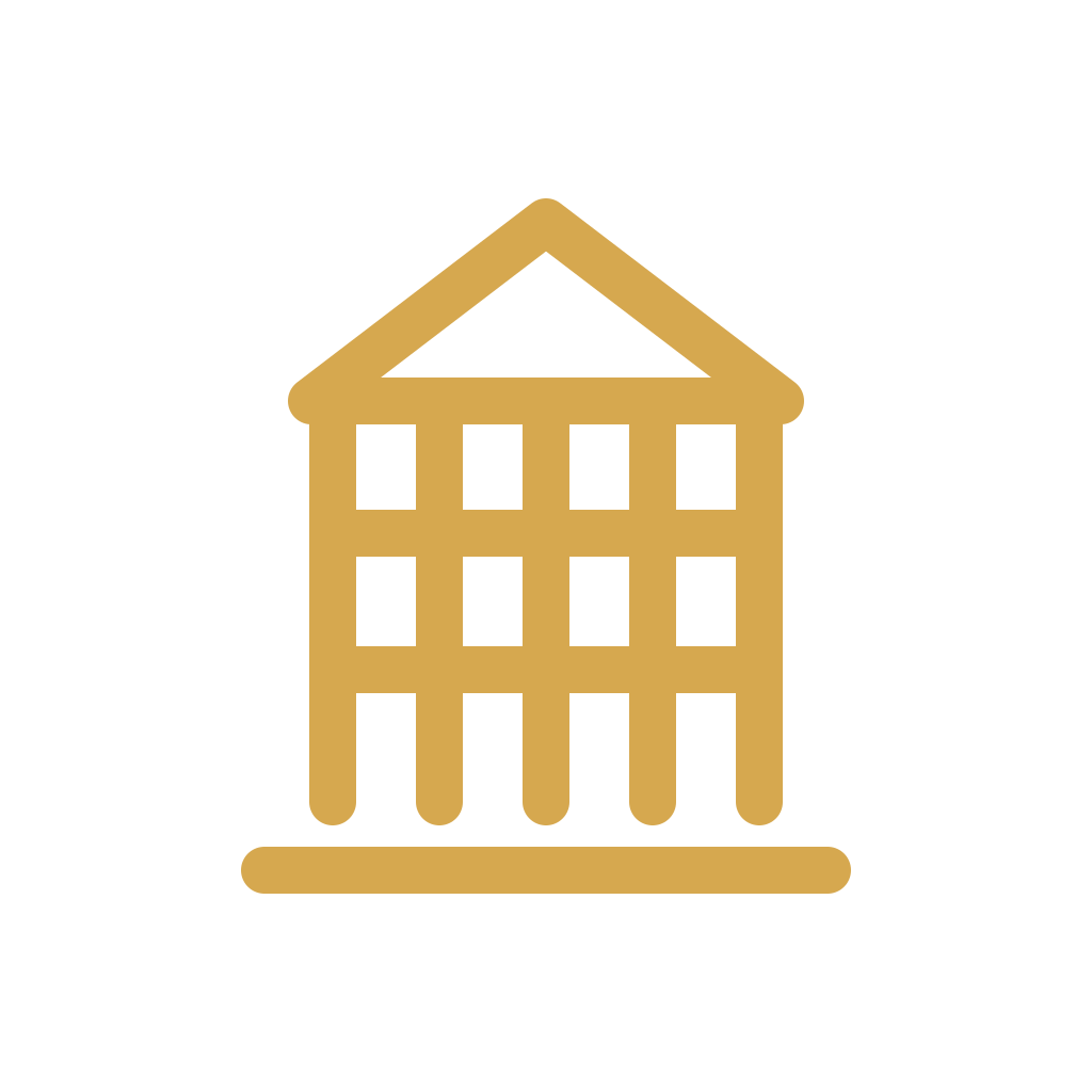Gold outline icon of a multi-story building with a triangular roof on a black background.