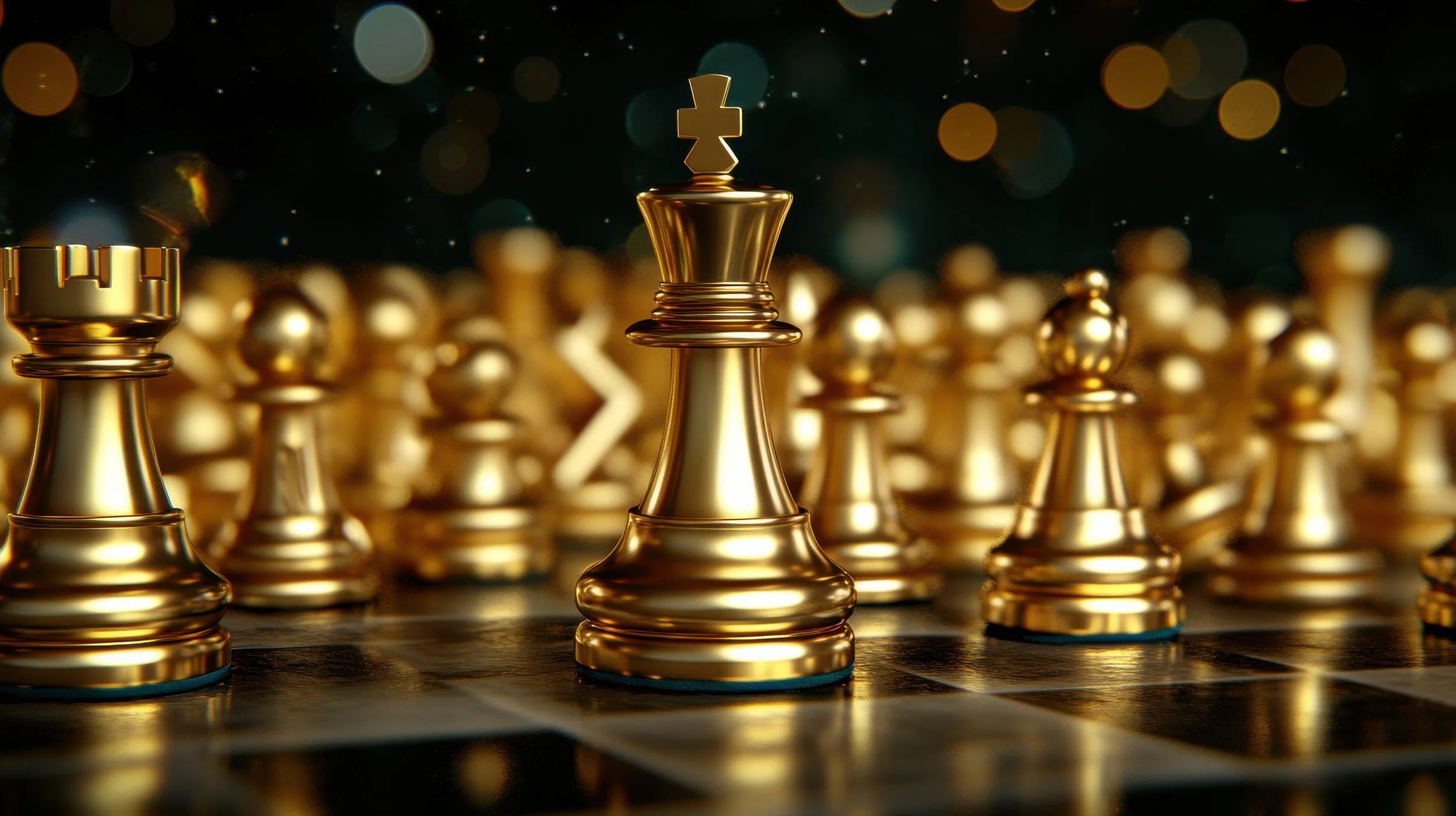 Gold chess pieces on a chessboard, with a focus on the king piece in the center, against a bokeh background.