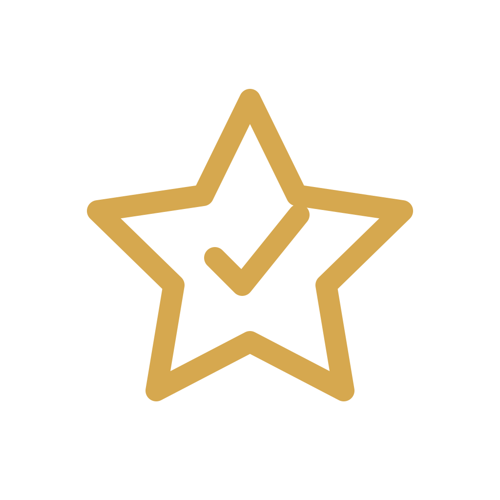 Gold star outline with a check mark inside on a black background.