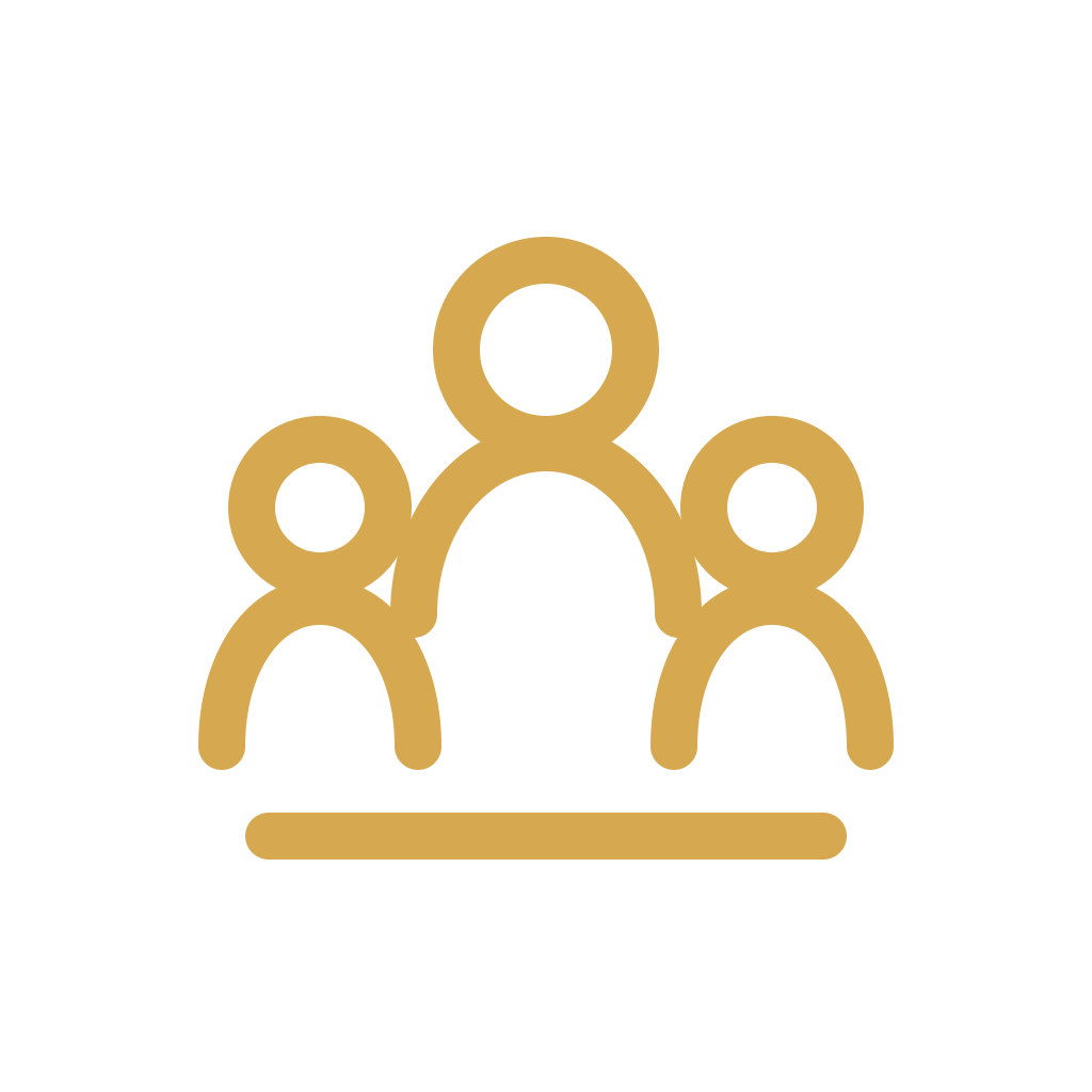 Gold icon of three connected people on a black background.