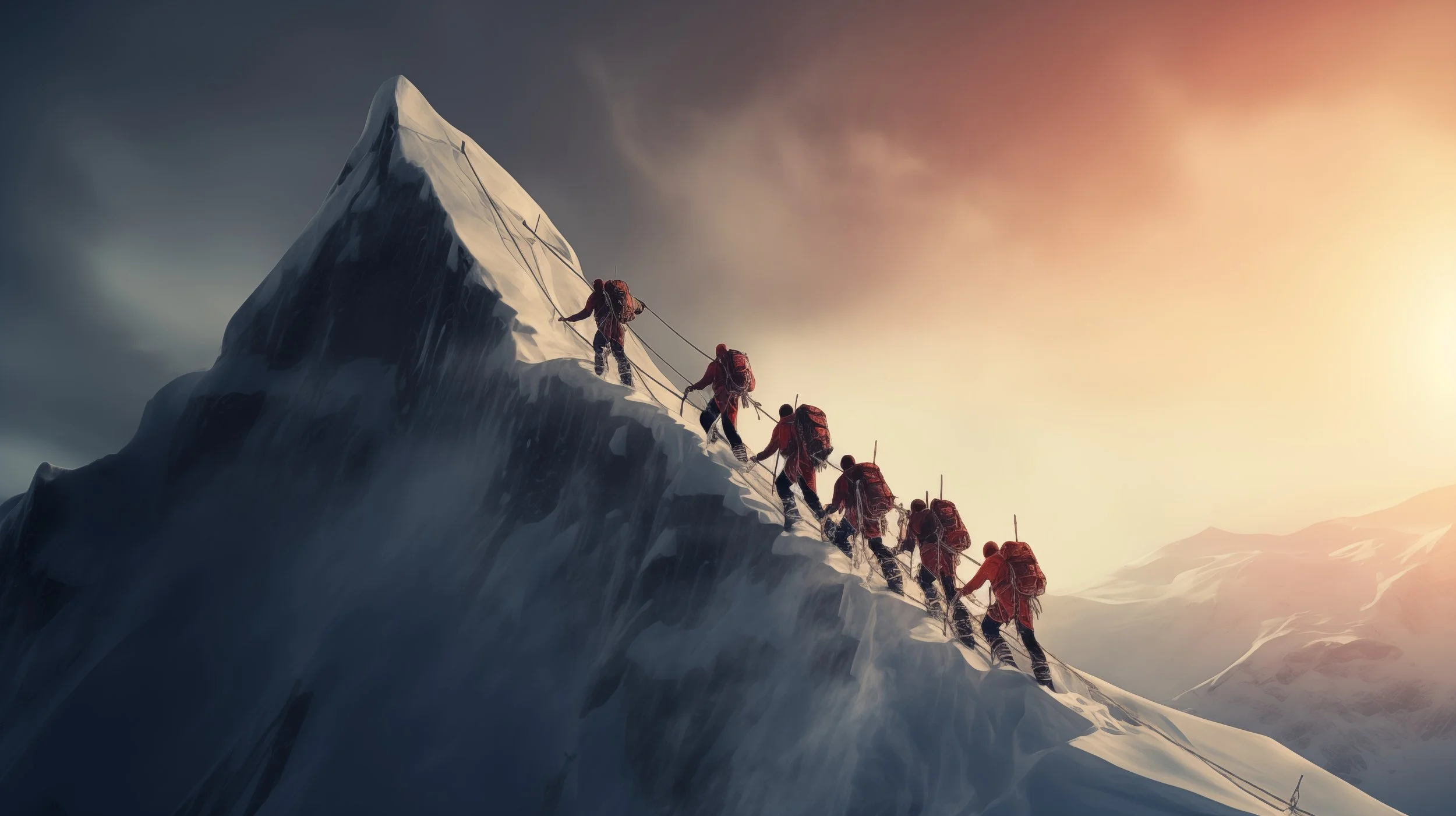A group of climbers ascending a snow-covered mountain ridge at sunrise or sunset.