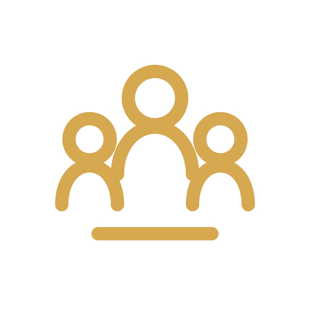 Icon of three gold-colored human figures representing a group or team, with one larger figure in the center and two smaller figures on either side, on a black background.