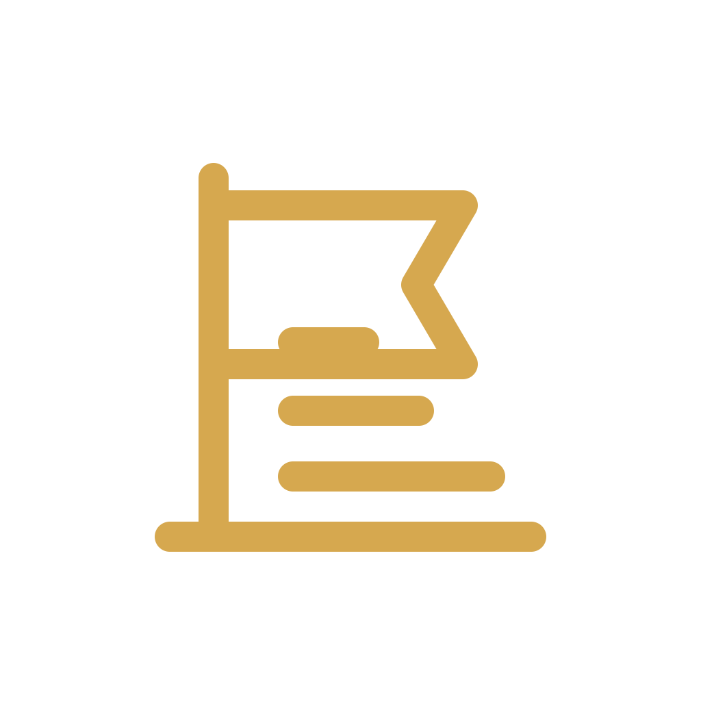Gold outline of a flag atop a podium with text lines underneath, on a black background.