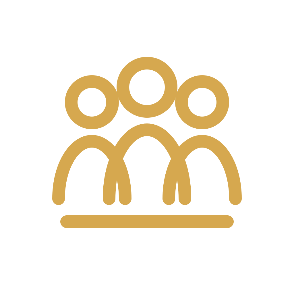 Gold icon of three people standing behind a horizontal line, representing a group or team.