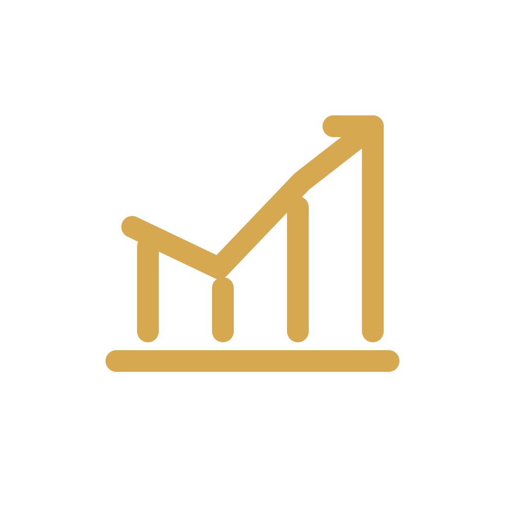 Gold bar chart showing upward trend with three vertical bars increasing in height.