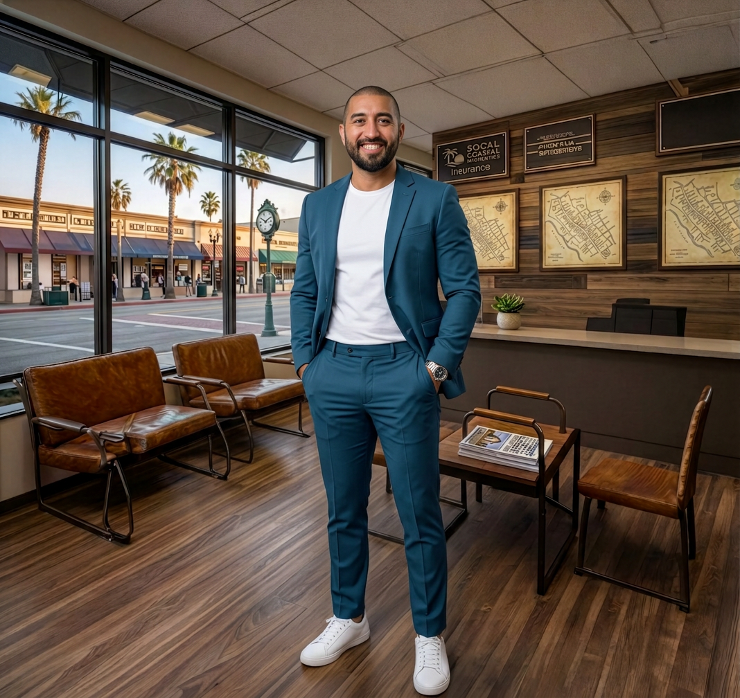 A man in a teal suit and white sneakers standing and smiling inside a waiting room with large windows showing palm trees and storefronts outside.
