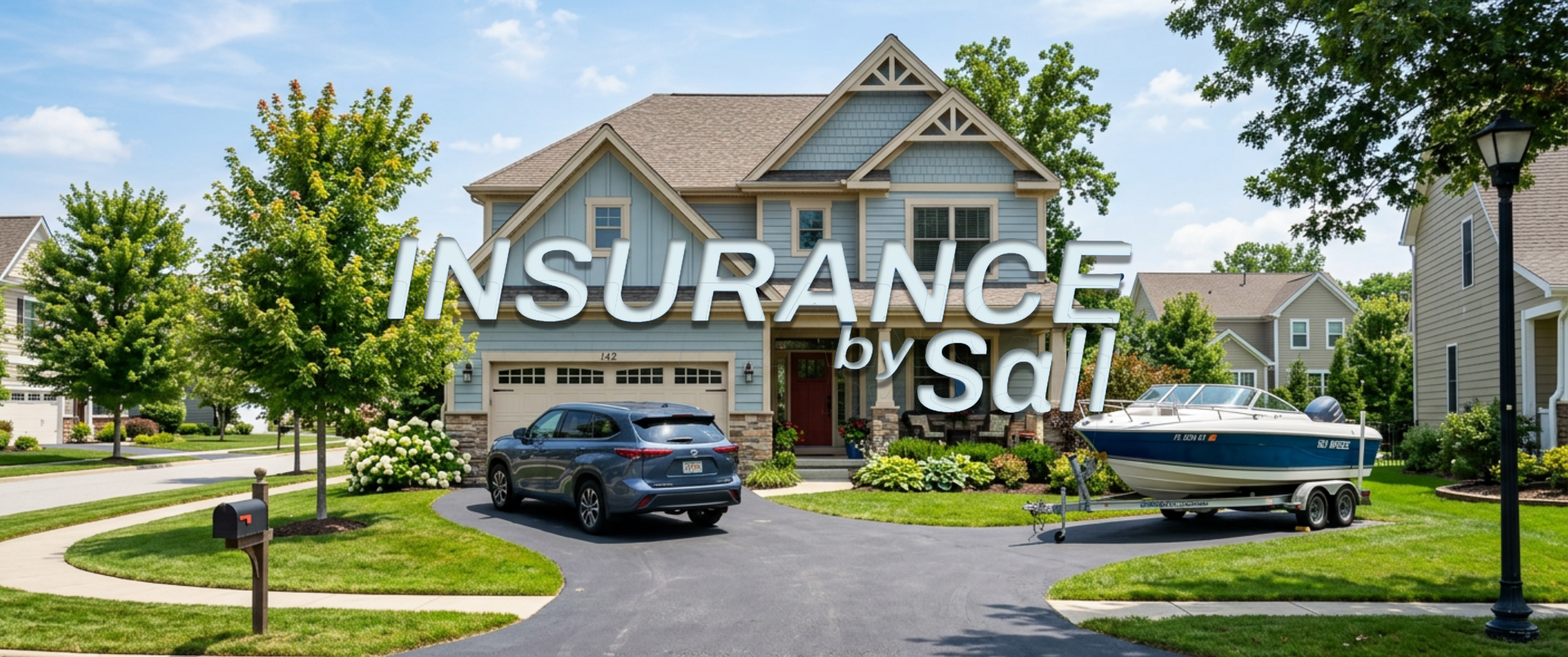 A house with a driveway, trees, and a boat on a trailer, with the text 'Insurance by SAL' overlaid.