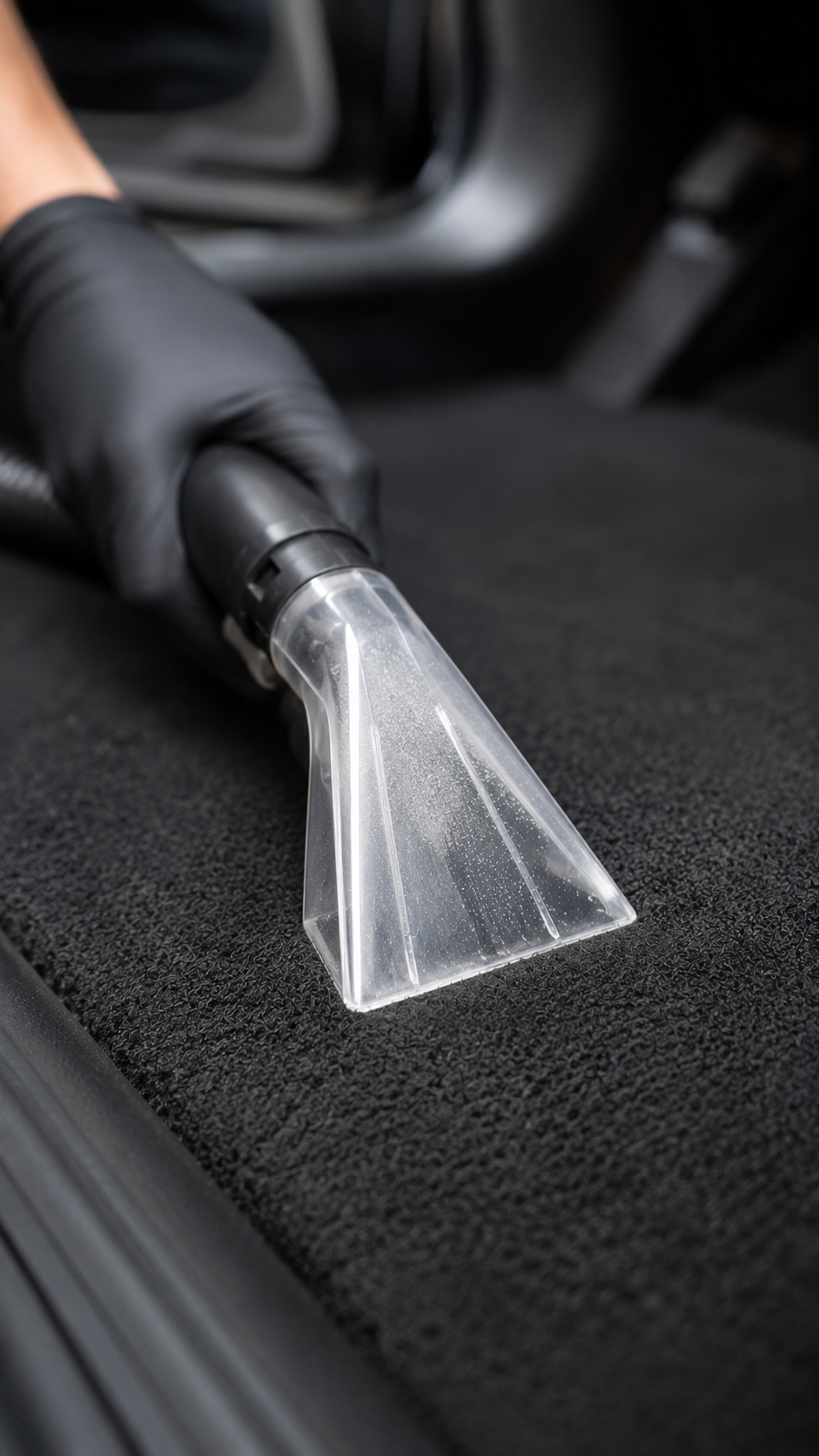 Close-up of a person's hand holding a vacuum cleaner nozzle on a car interior with black carpeting.