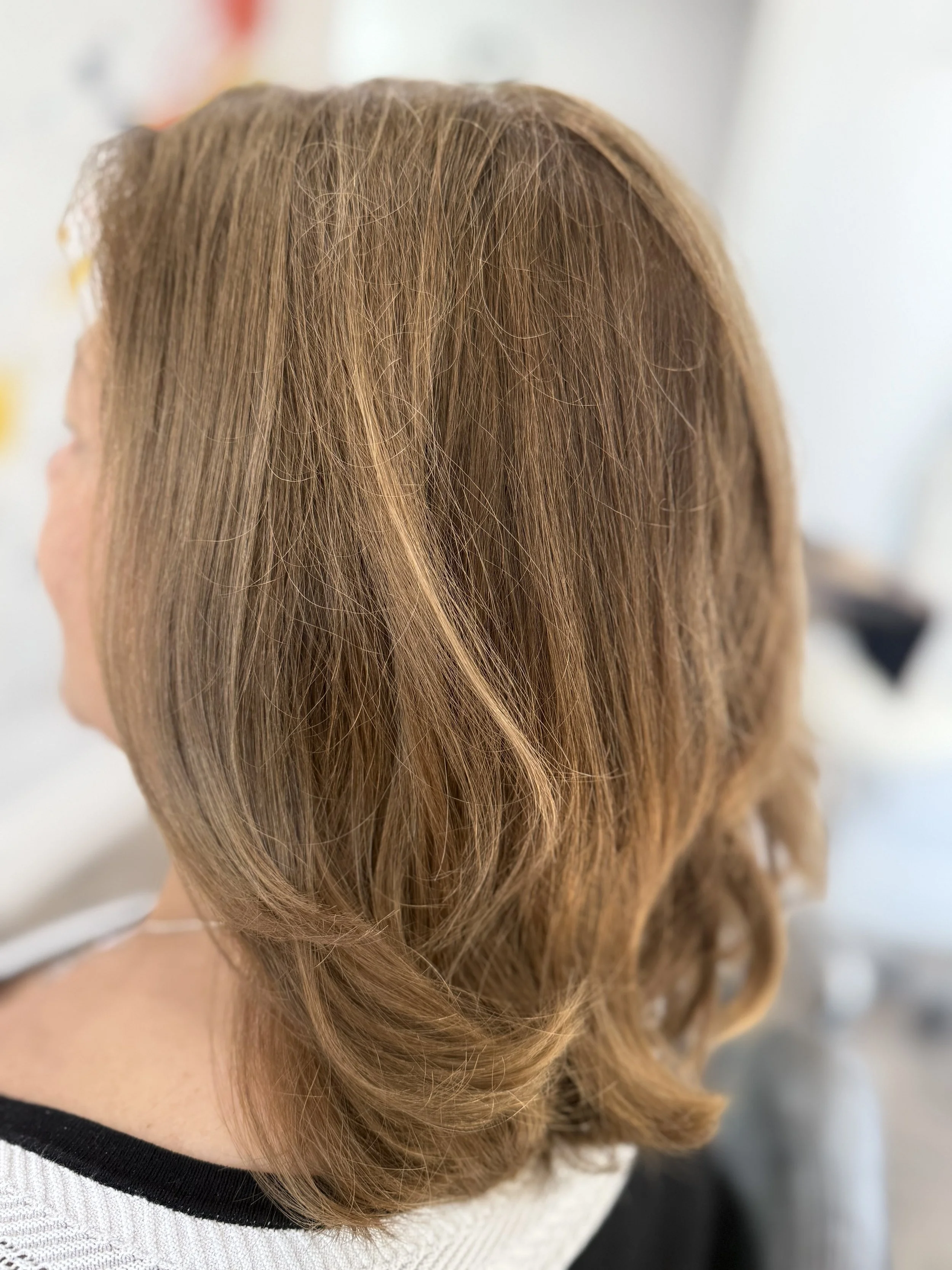 Close-up of a person's head with shoulder-length, light brown hair with subtle highlights.