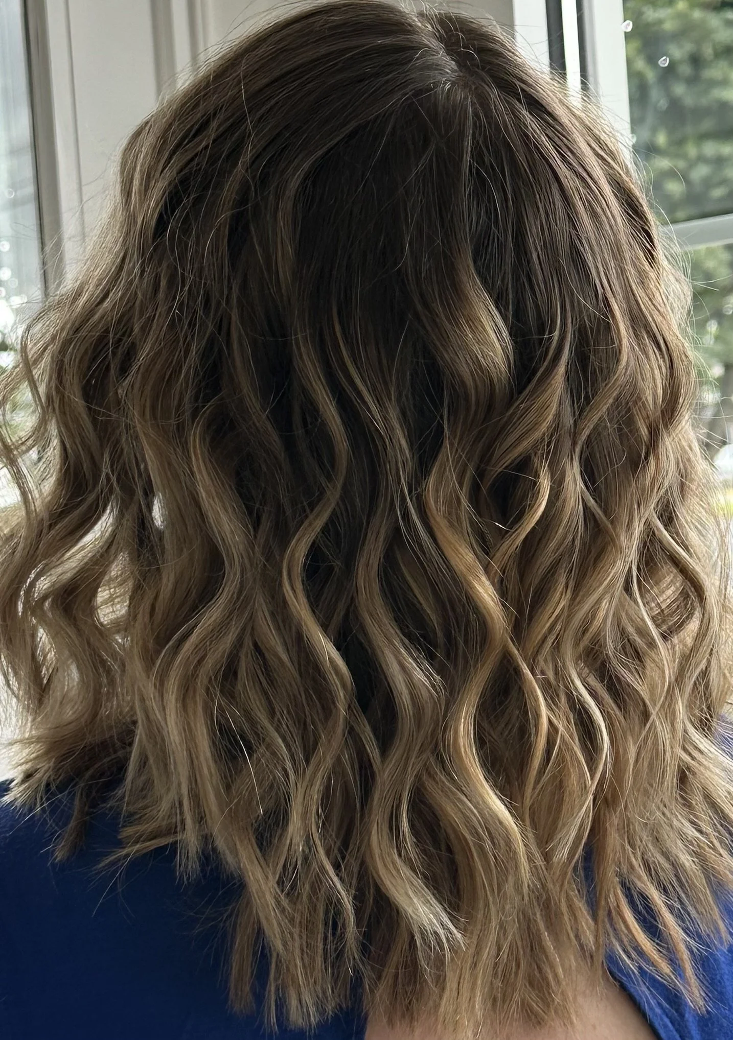 Close-up of a person's wavy, ombré hair with dark roots transitioning to blonde tips, with a window and greenery in the background.