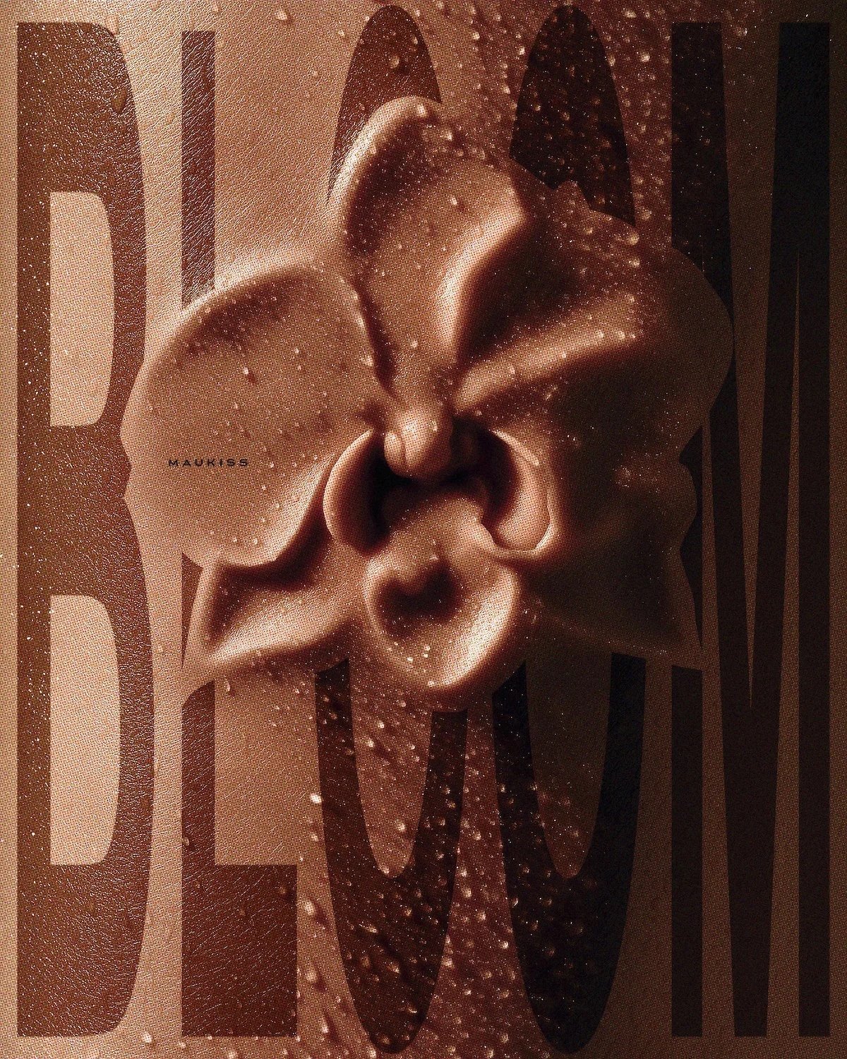 A promotional poster featuring a stylized, metallic flower with a human face in the center, overlaid on a background of large, bold letters and a starry, cosmic pattern.