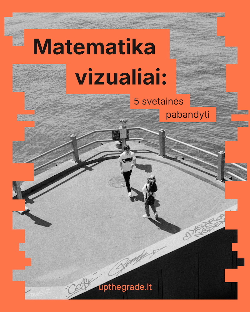 A black and white photo of two people walking on a small rooftop terrace overlooking water, with graffiti on the edge of the rooftop. Overlaid orange and black text in Lithuanian reads 'Matematika vizualiai: 5 svetainės pabandyti' and the website 'up