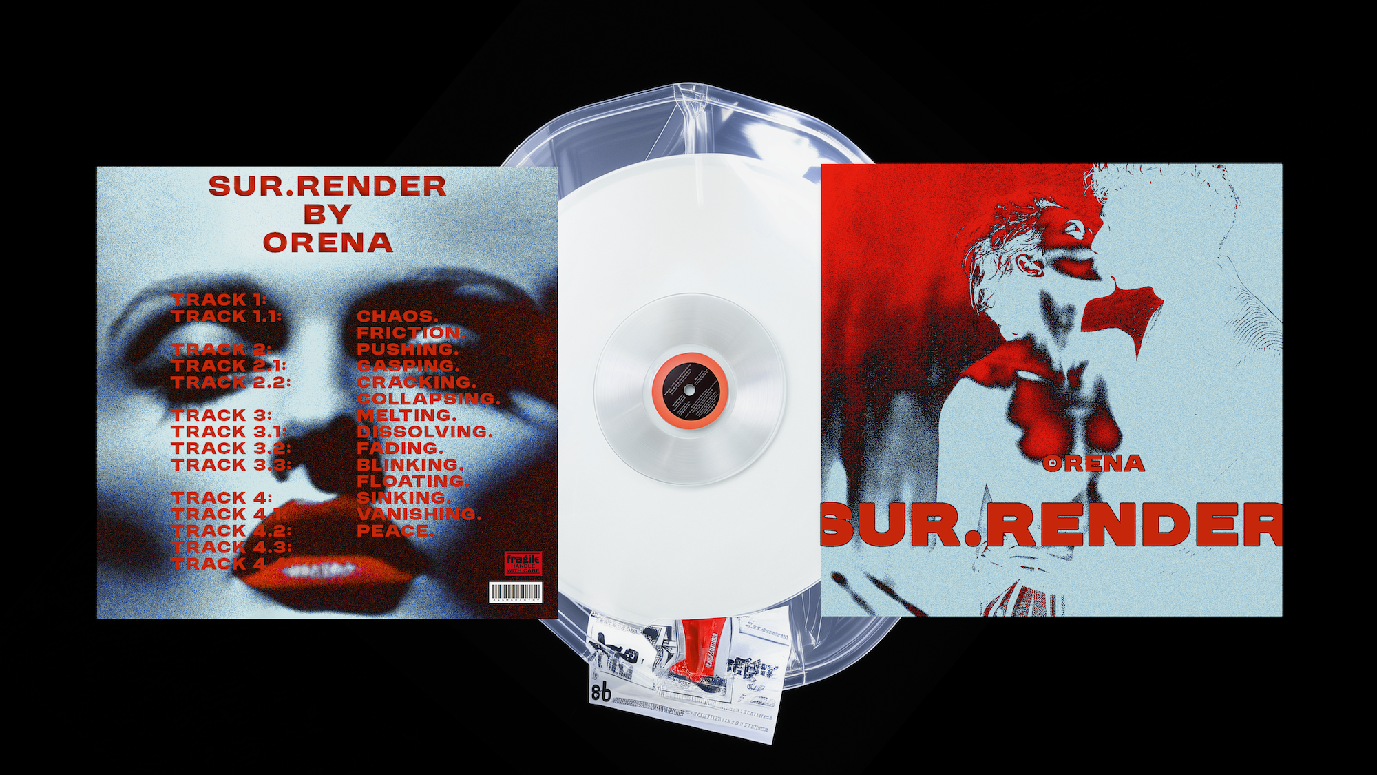 A vinyl record album cover titled 'SUR.RENDER BY ORENA' with a bluish selfie of a woman with dark hair and red lipstick on the left, and an artistic sketch of a woman with curly hair and her face turned away on the right. The album tracklist is on the left side, with various track titles and descriptions in red and blue text.