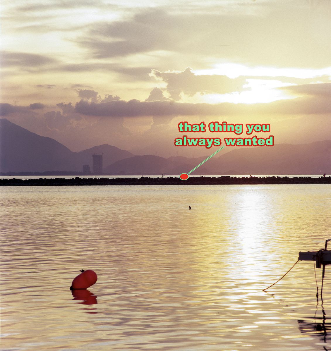 Sunset over a calm body of water with mountains in the background, a buoy in the foreground, and a boat tethered on the right. The image has a caption pointing to the horizon that reads, "that thing you always wanted."