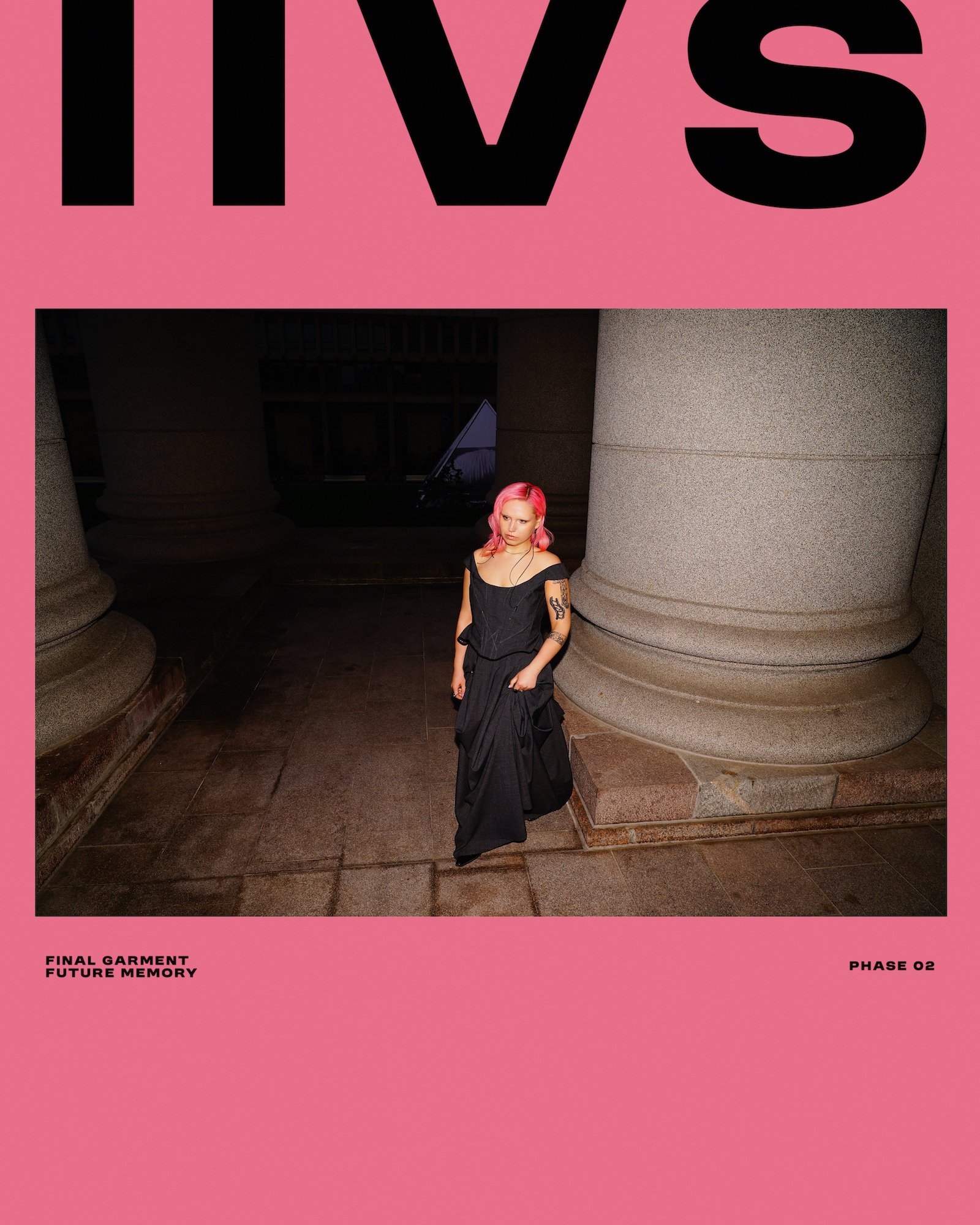 A young woman with pink hair wearing a black dress standing between two large stone columns, with a pink header above, on a pink background with text at the bottom left that reads 'Final Garment, Future Memory' and at the bottom right 'Phase 02'.