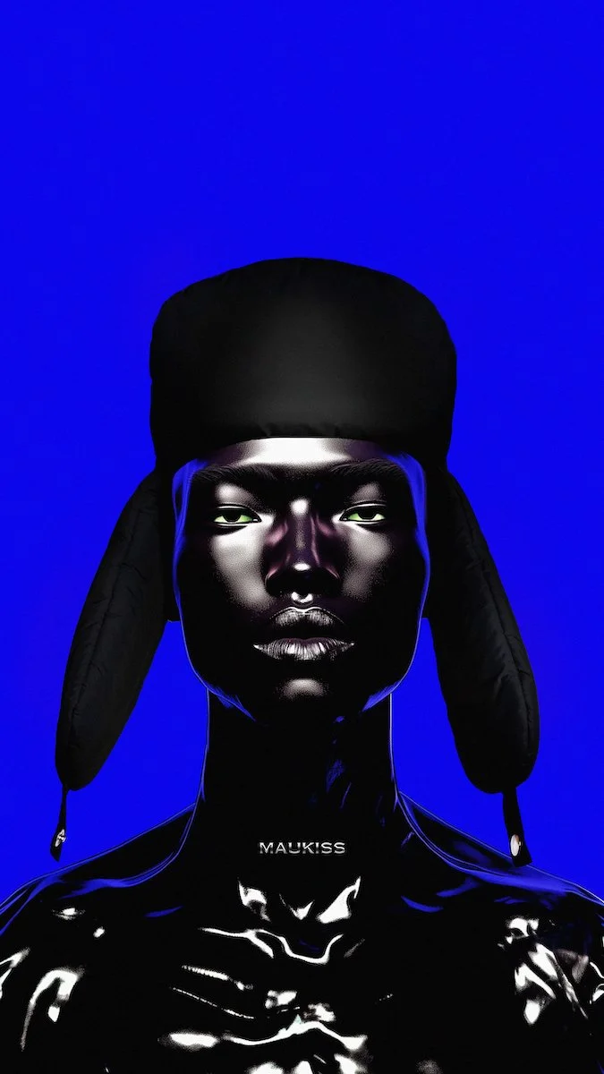 A digital artwork of a black mannequin with metallic shine, wearing a black cap with earflaps, set against a solid blue background.