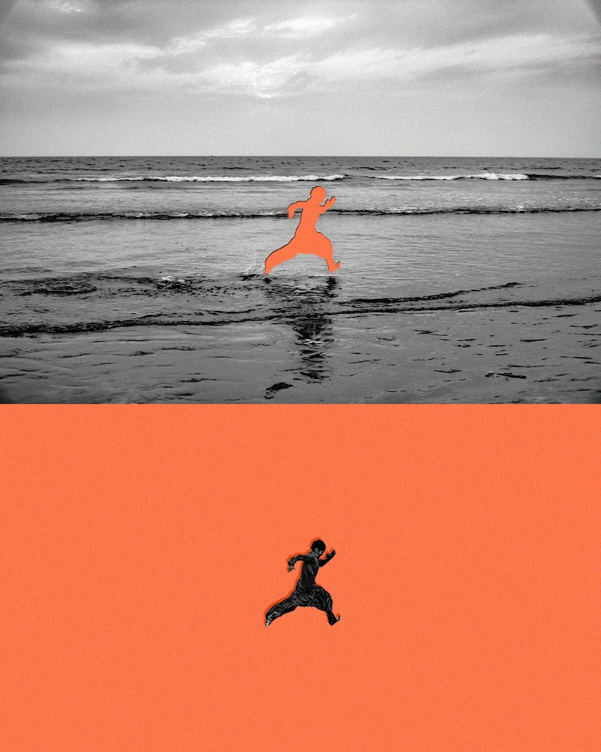 The image is split into two sections; the top part is a black and white photo of a person jumping on a wet beach with the ocean in the background, and the bottom part has an orange background with an illustrated silhouette of a person running.