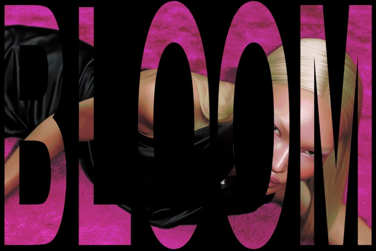 A close-up of a woman with blonde hair lying on a pink textured surface, partially obscured by large black text reading 'FLOW'. The woman appears to be wearing a black leather top and is gazing at the camera.