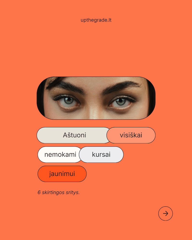 Close-up of a woman's eyes with the word 'visškai' highlighted in an interactive quiz or survey interface on a coral background, with options in Lithuanian and text indicating six skirtings of a certain topic.