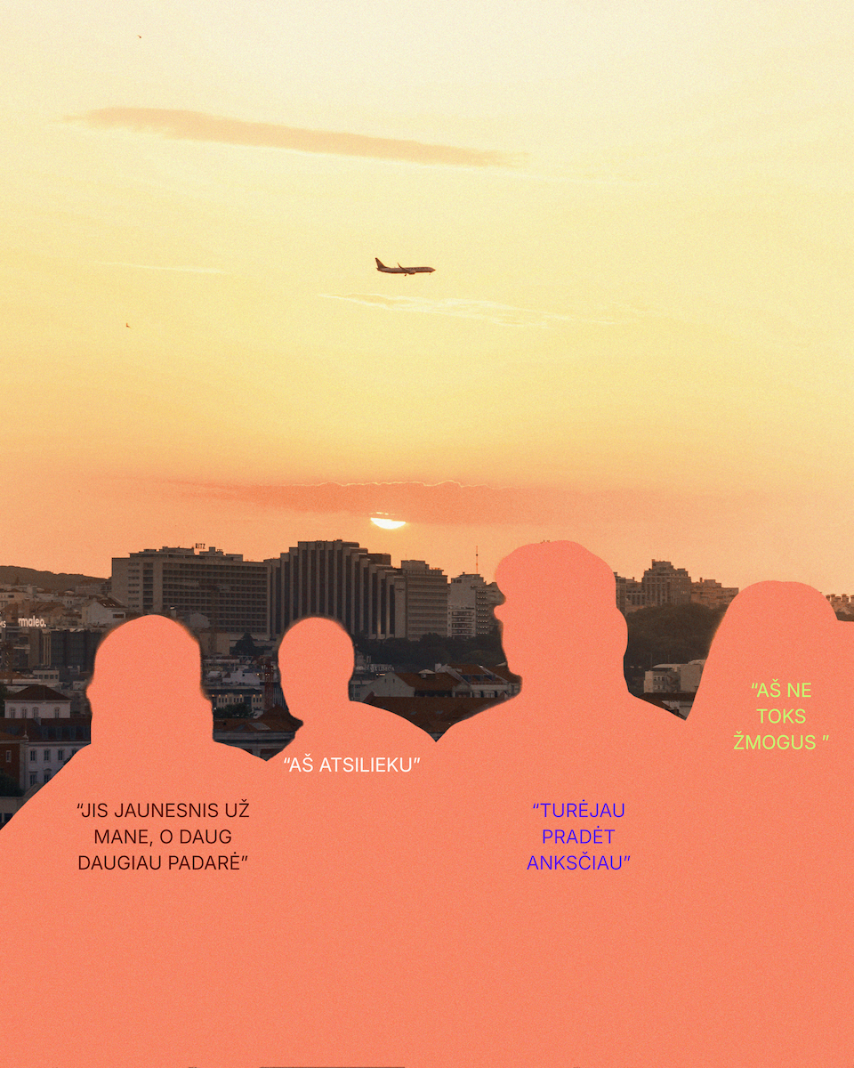 Silhouettes of four people talking in front of a cityscape during sunset with an airplane flying in the sky.
