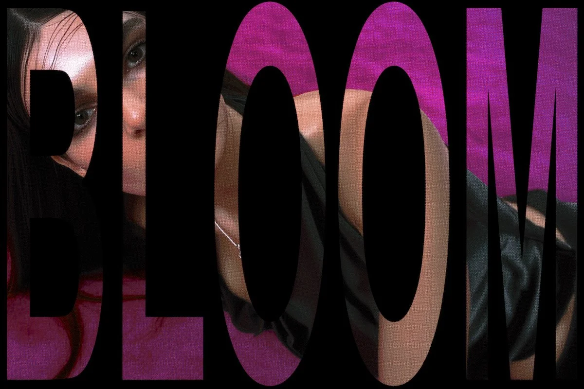 A young woman with dark hair and makeup lying on a pink surface, with the word 'LOOK' written in large black letters across the image.