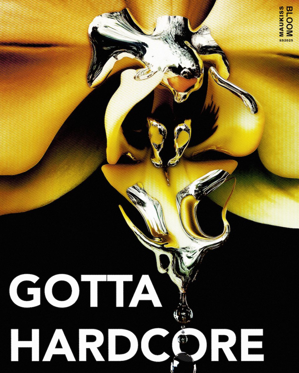 Close-up of a yellow rose with a chrome skull and skull-shaped pendant, with the text 'GOTTA HARDCORE' beneath.