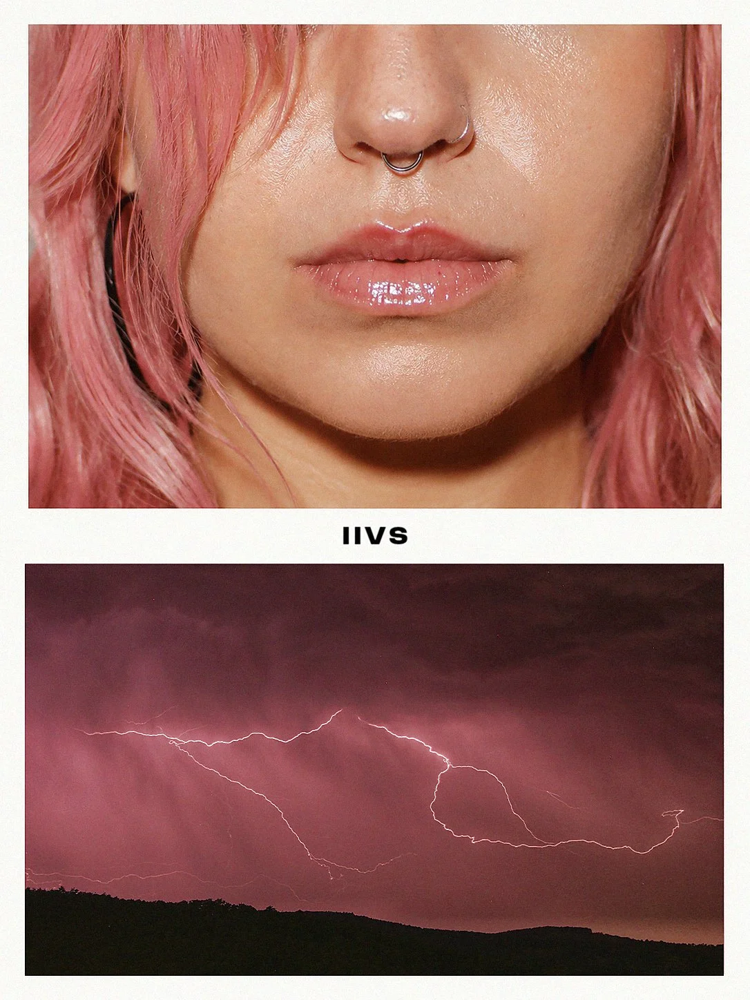 Close-up of a woman's face with pink hair and lip gloss, showing a septum piercing. Below, a stormy sky with lightning over a silhouette of a landscape.