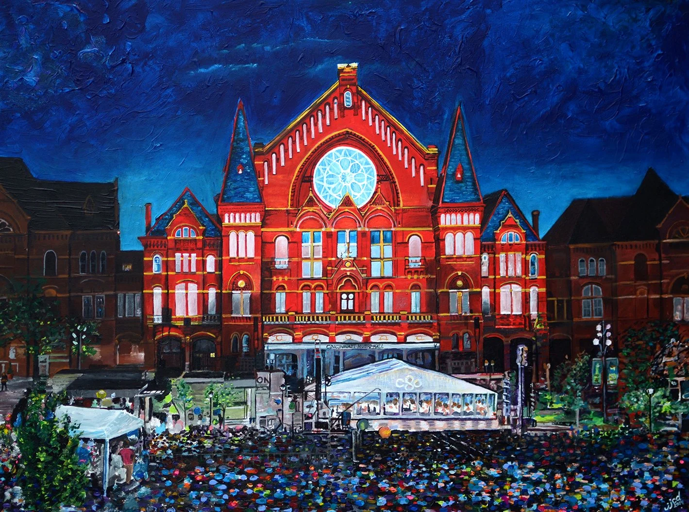 LUMENOCITY at Music Hall, Cincinnati 30″ x 40″ acrylic on canvas by Jeff Johns and Colin Daugherty ~ SOLD
