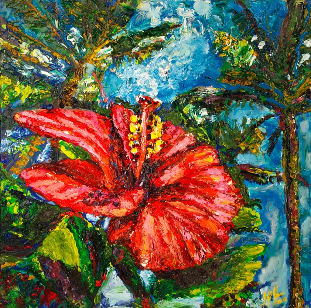 Beautiful Red Hibiscus, Hawaii | 24" x 24" oil on canvas by Jeff Johns | SOLD
