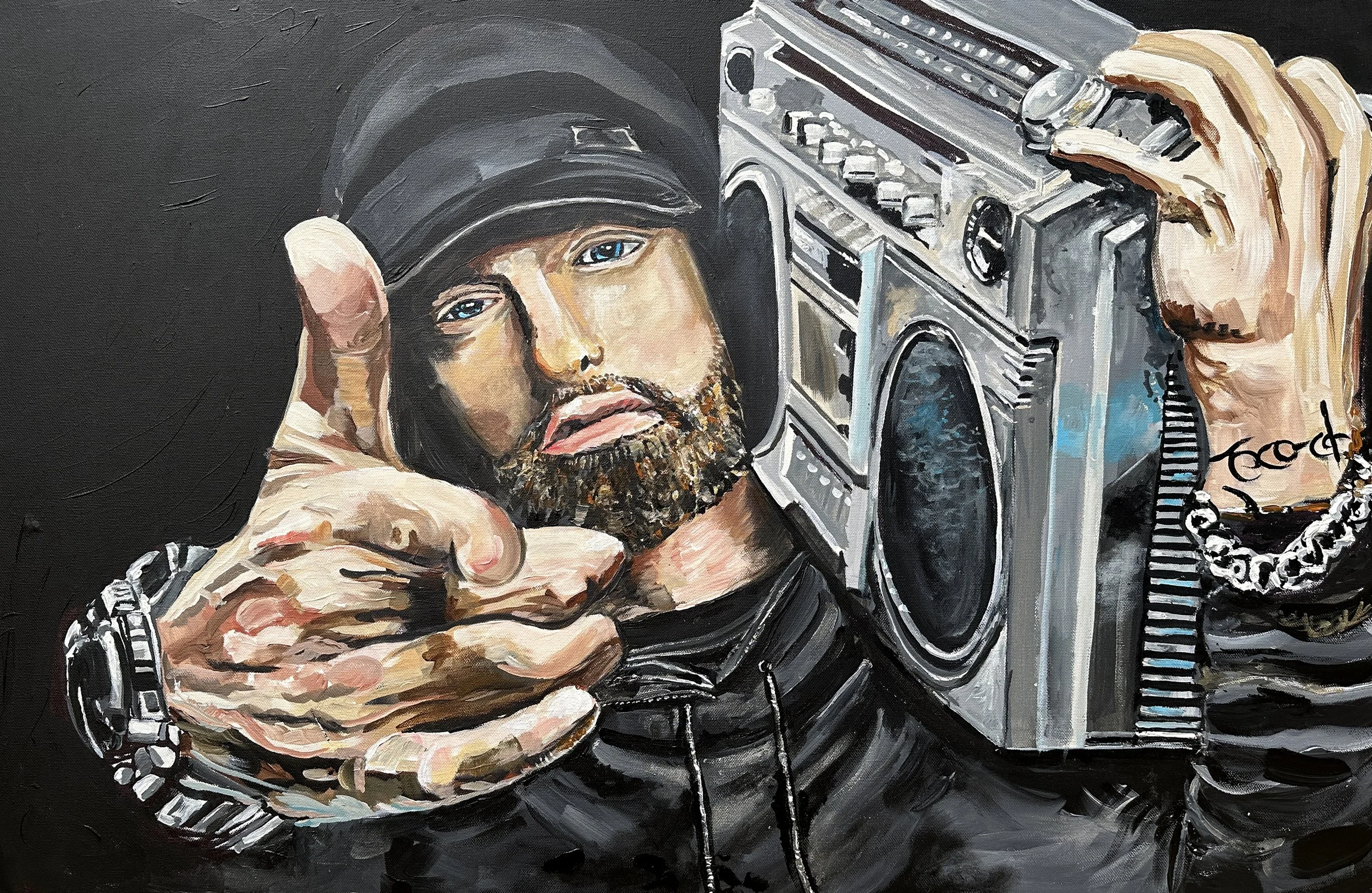 Eminem is Back | 24" x 36" acrylic on canvas by Jeff Johns. This painting replaced the Transformer, Optimus Prime in Jackson's room. 
