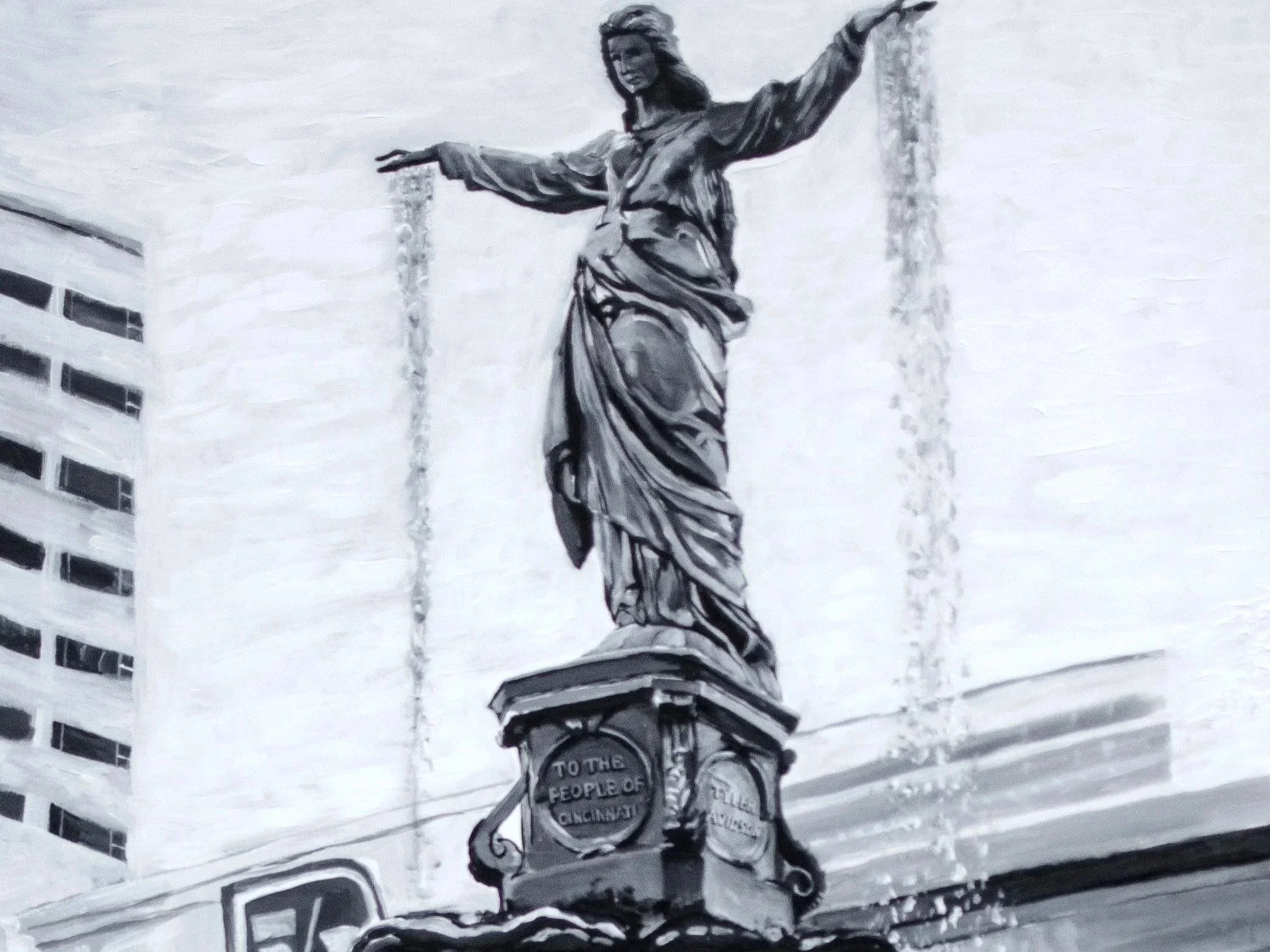 Fountain Square Cincinnati | 24″ x 52″ acrylic on canvas by Jeff Johns and Colin Daugherty | SOLD