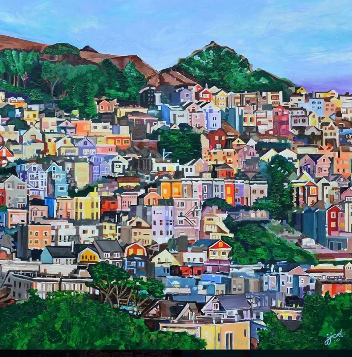 Terrace View of Bernall Hill, San Francisco | 36&Prime; x 36&Prime; acrylic on canvas by Jeff Johns and Colin Daugherty | SOLD