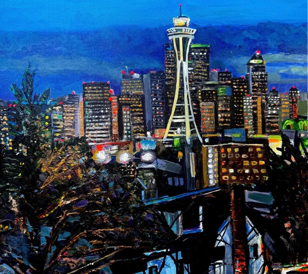 Seattle, a view from Kerry Park | 20&rdquo; x 20&rdquo; acrylic on canvas by Jeff Johns | Available at https://www.jefferyjohns.com/seattle-a-view-from-kerry-park