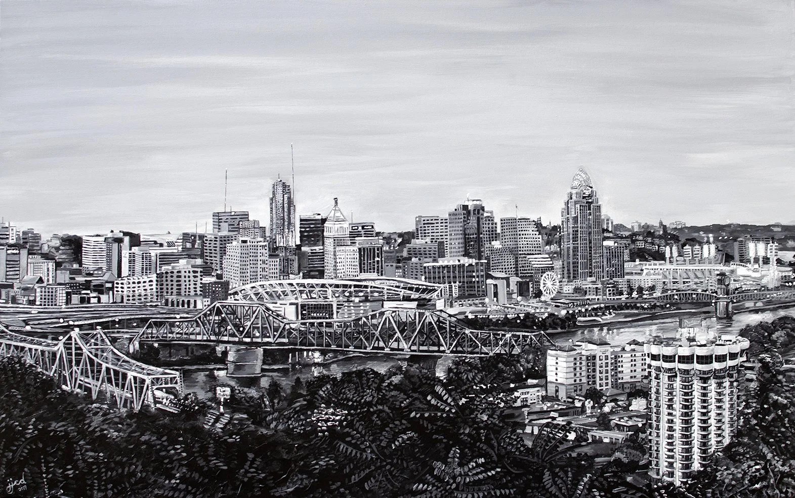 View from Devon Park, Cincinnati Skyline Painting 1 | 30" x 48" Acrylic on Canvas by Jeff Johns and Colin Daugherty | SOLD