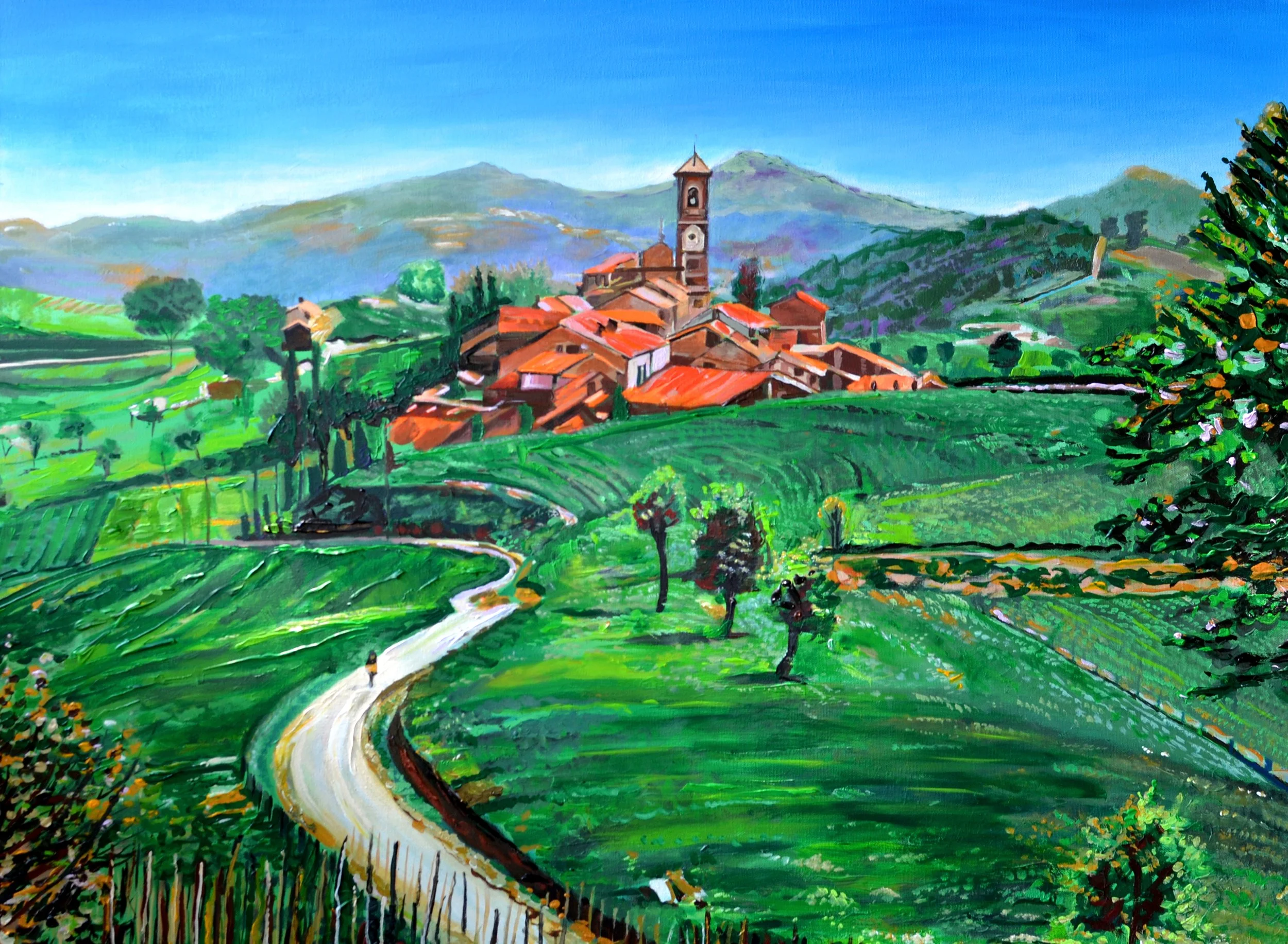 Farm Town on Rolling Hills, Italy | 30″ x 40″ acrylic on canvas by Jeff Johns and Colin Daugherty | SOLD
