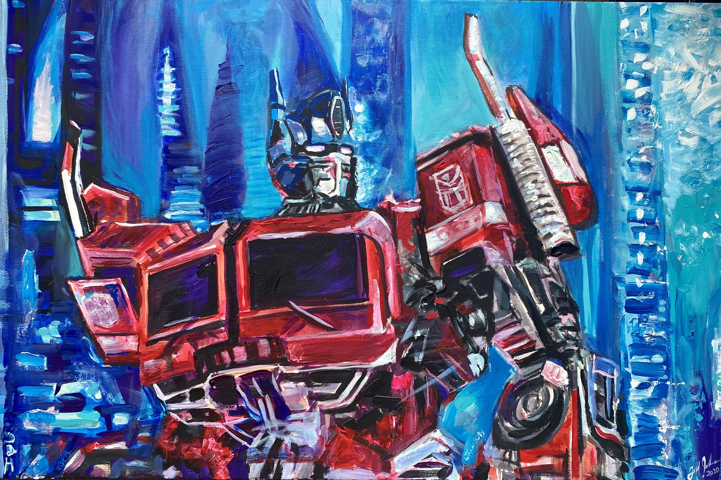 The Transformers, Optimus Prime | 24″ x 36″ acrylic on canvas by Jeff Johns. This painting was done for Jackson Johns. 
