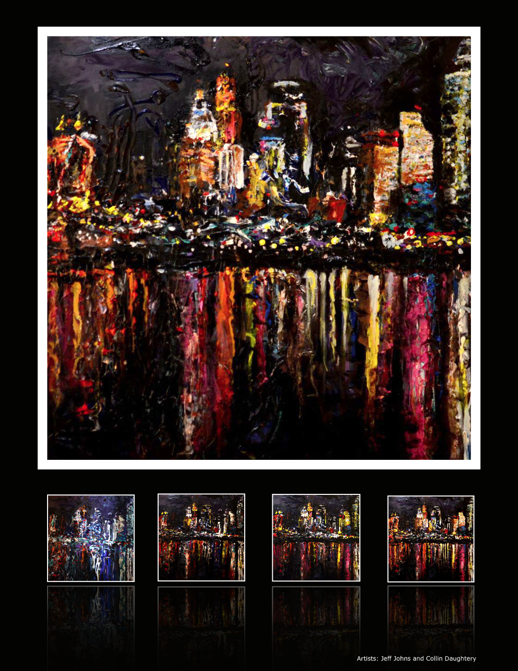Abstract impressionist painting of a nighttime cityscape with illuminated buildings and their reflection on water.